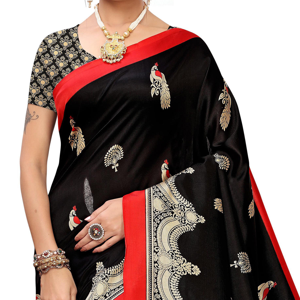 Entrancing Black Colored Festive Wear Printed Art Silk Saree