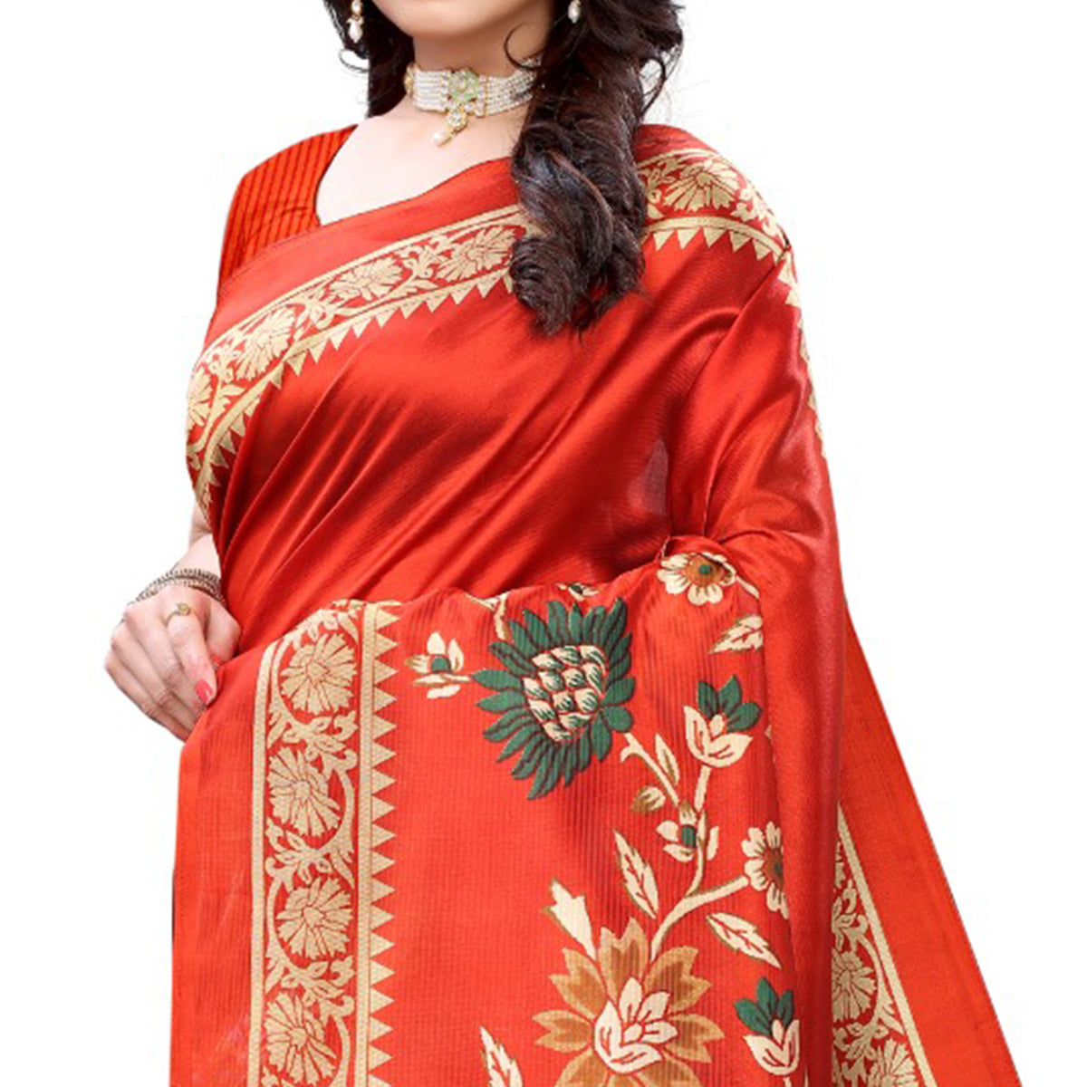 Red Floral Printed Art Silk Saree