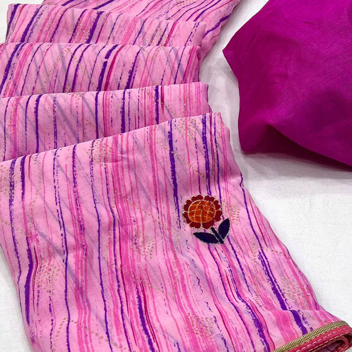 Pink Printed Raw Silk Saree With Fancy Border