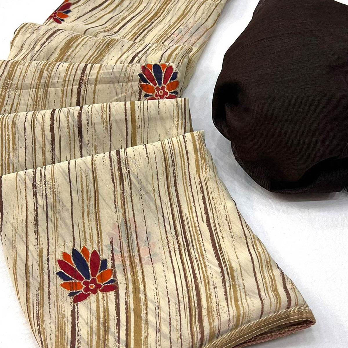 Coffee-Brown Printed Raw Silk Saree With Fancy Border