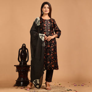 Black Printed With Embroidered Rayon Salwar Suit