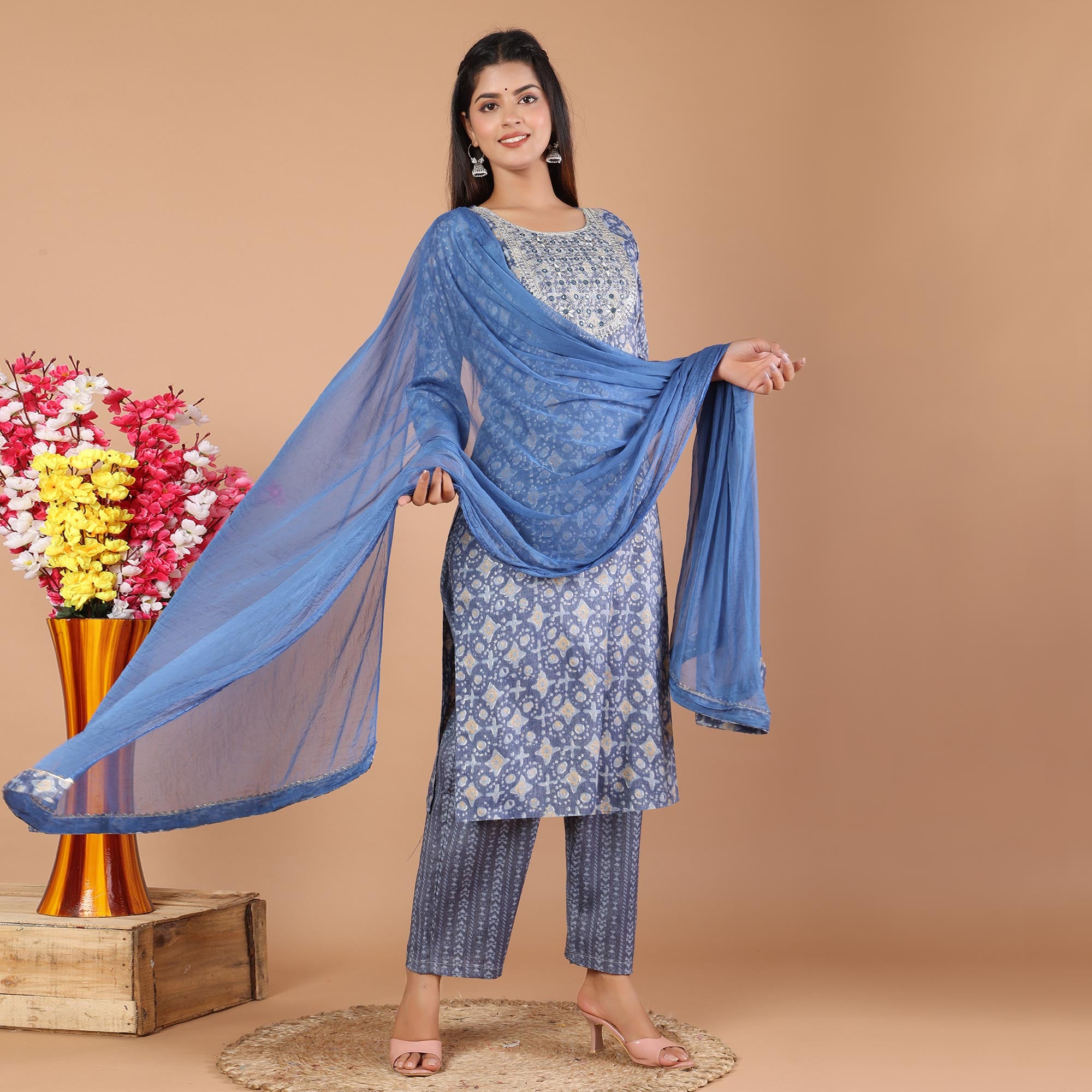 Blue Printed With Embroidered Rayon Salwar Suit
