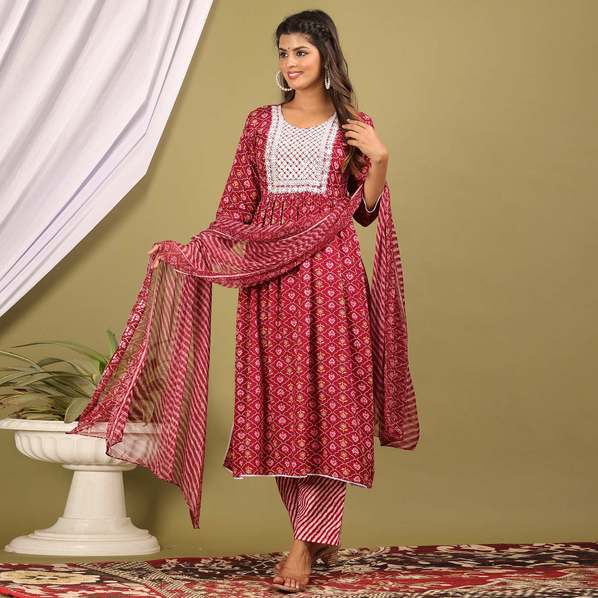 Maroon Printed With Embroidered Rayon Naira Cut Suit