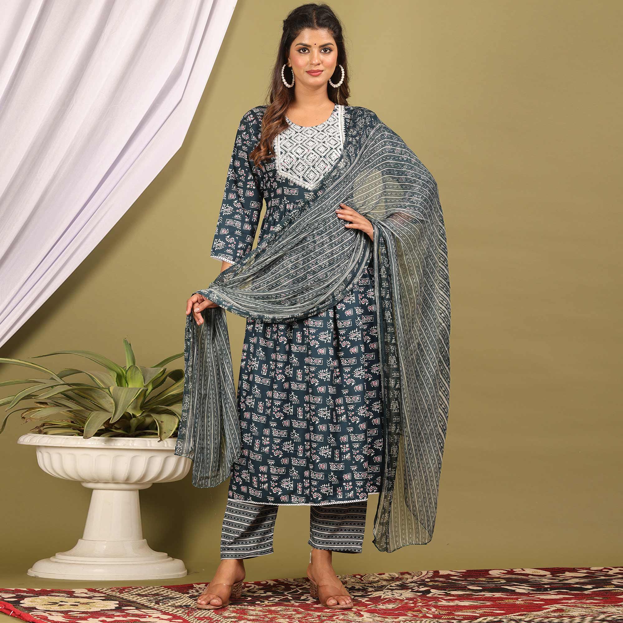 Blue Printed With Embroidered Rayon Naira Cut Suit