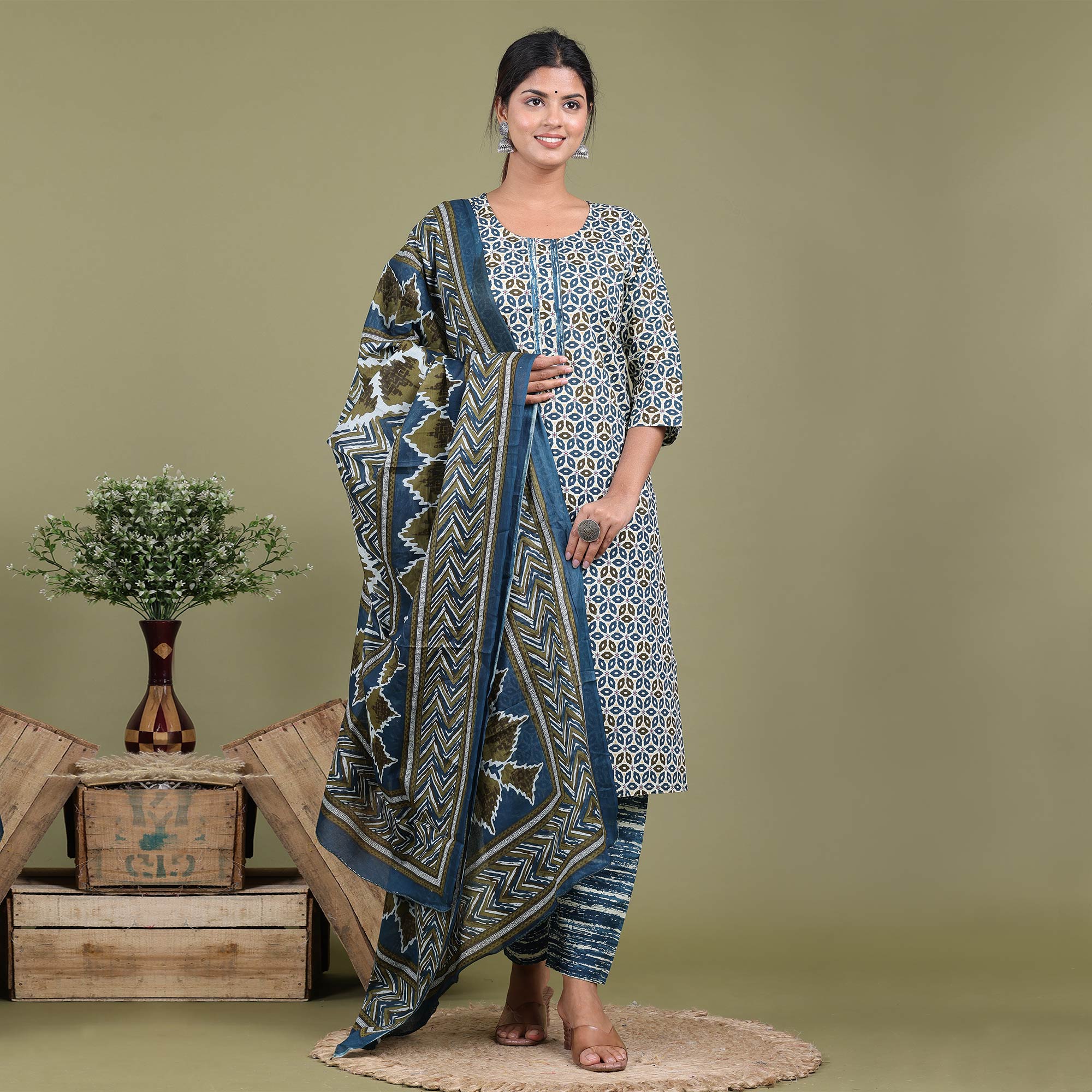 Blue Floral Printed Pure Cotton Suit
