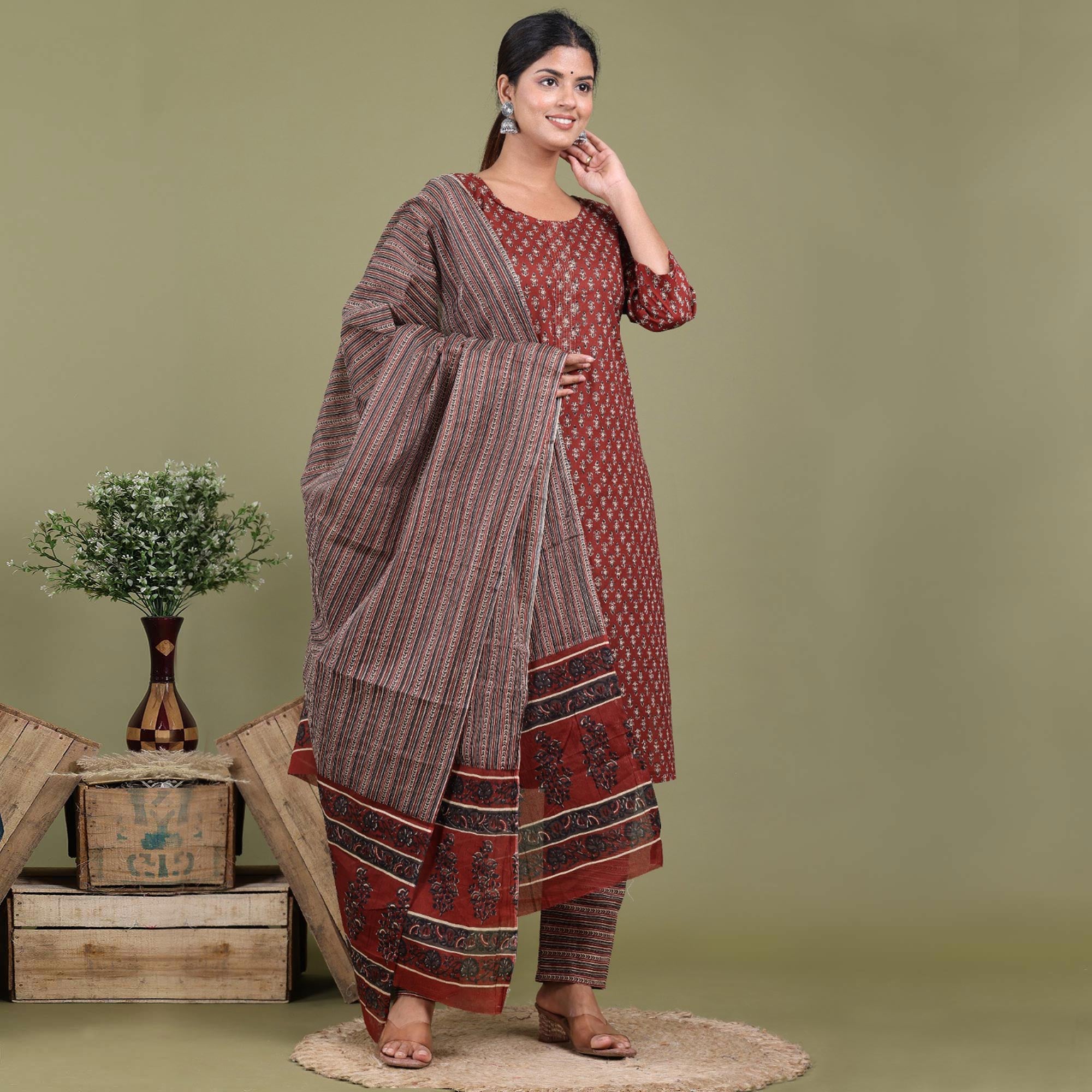 Maroon Floral Printed Pure Cotton Suit