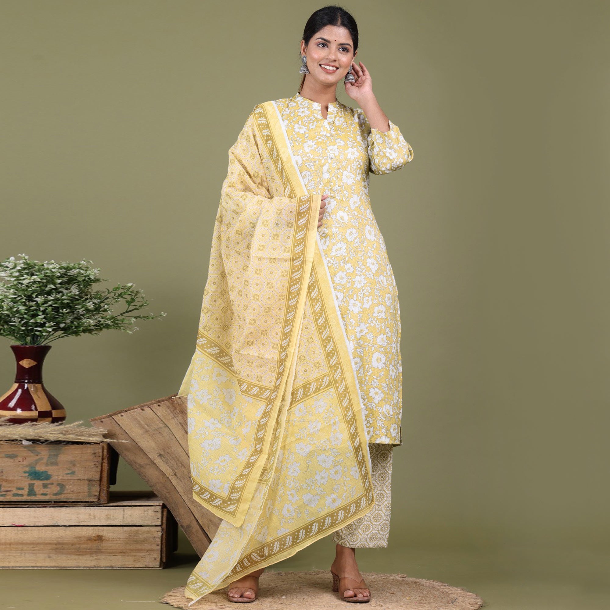 Yellow Floral Foil Printed Rayon Suit
