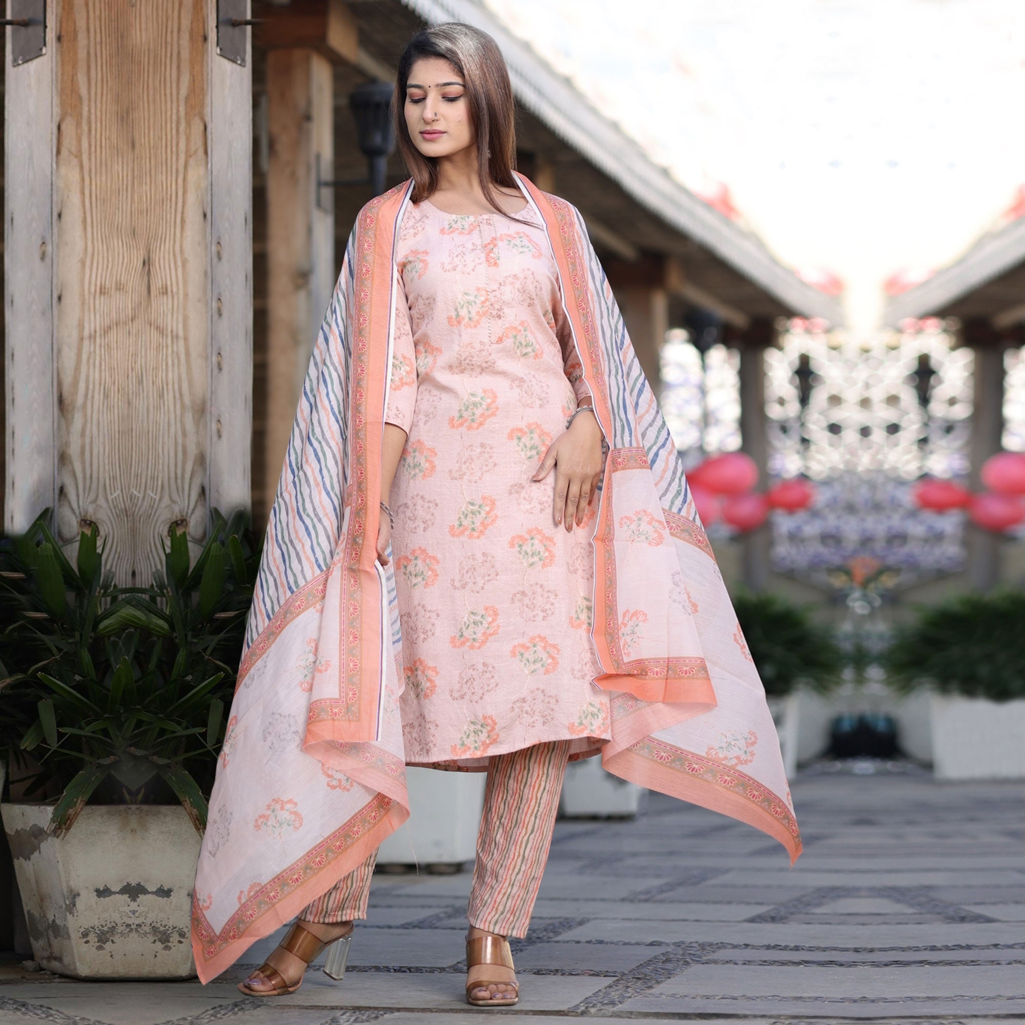 Peach Floral Foil Printed Rayon Suit