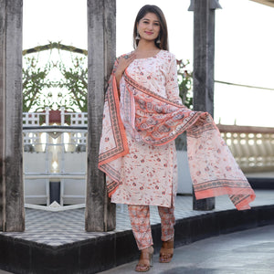 White-Peach Floral Foil Printed Rayon Suit