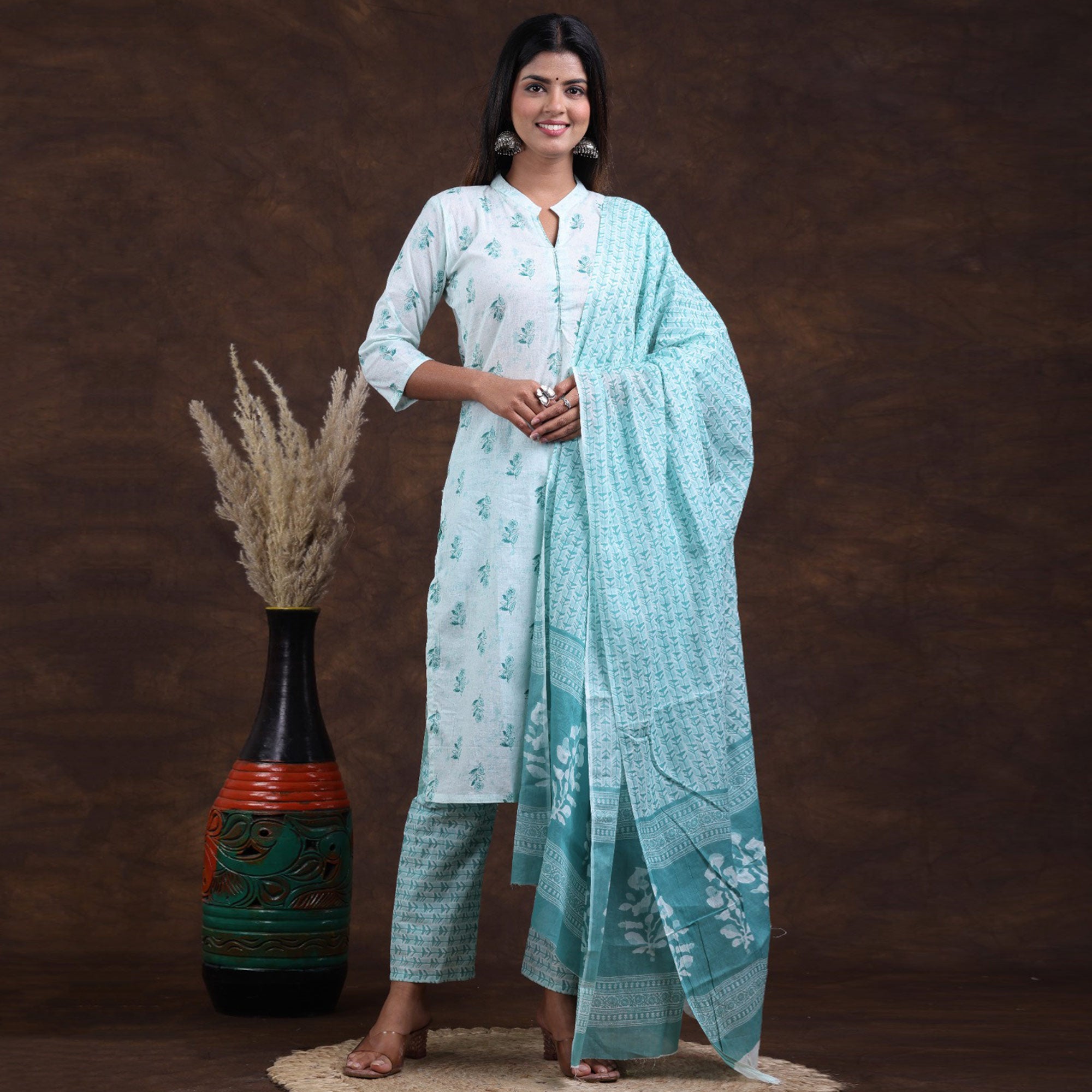 White-Rama Blue Jaipuri Printed Pure Cotton Suit