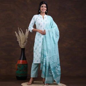 White-Rama Blue Jaipuri Printed Pure Cotton Suit