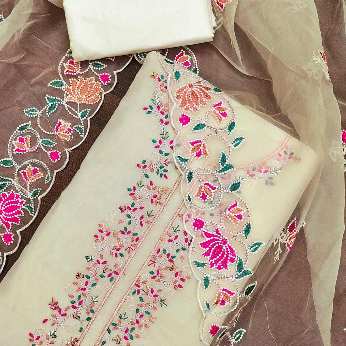 Cream Floral Embroidered Chanderi Dress Material
