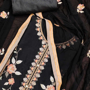 Black Floral Embroidered Chanderi Dress Material