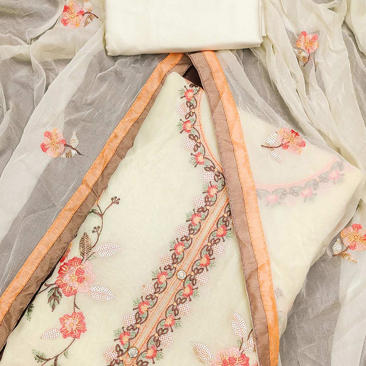 Cream Floral Embroidered Chanderi Dress Material