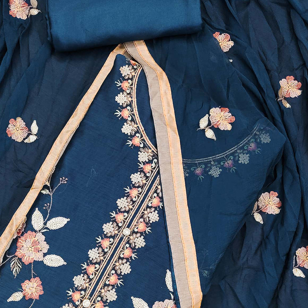 Morpich Blue Floral Embroidered Chanderi Dress Material