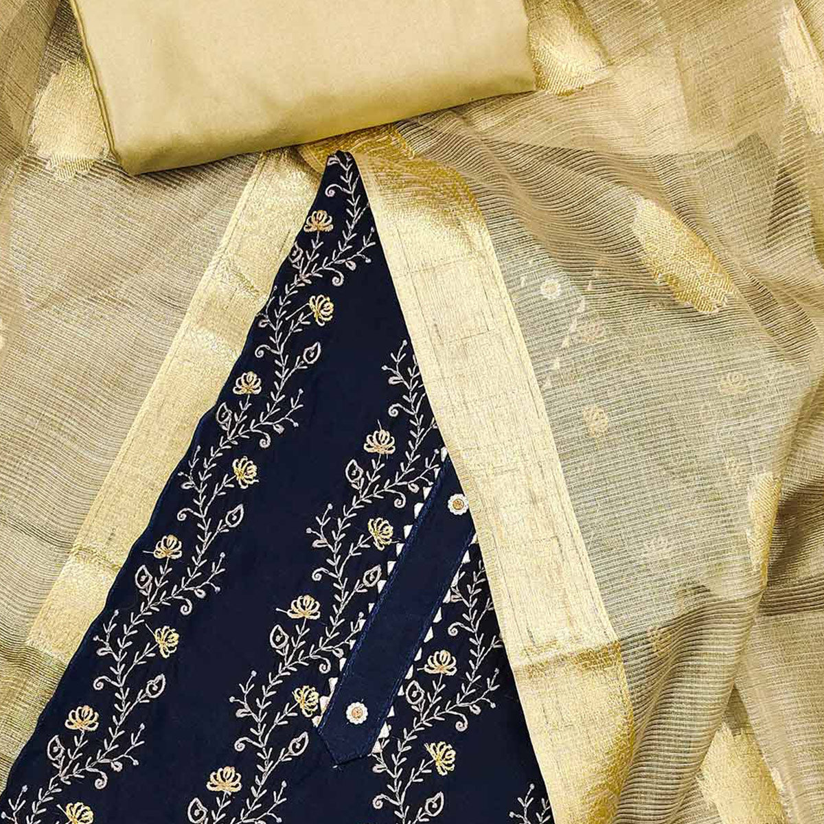 Navy Blue Floral Embroidered Chanderi Dress Material
