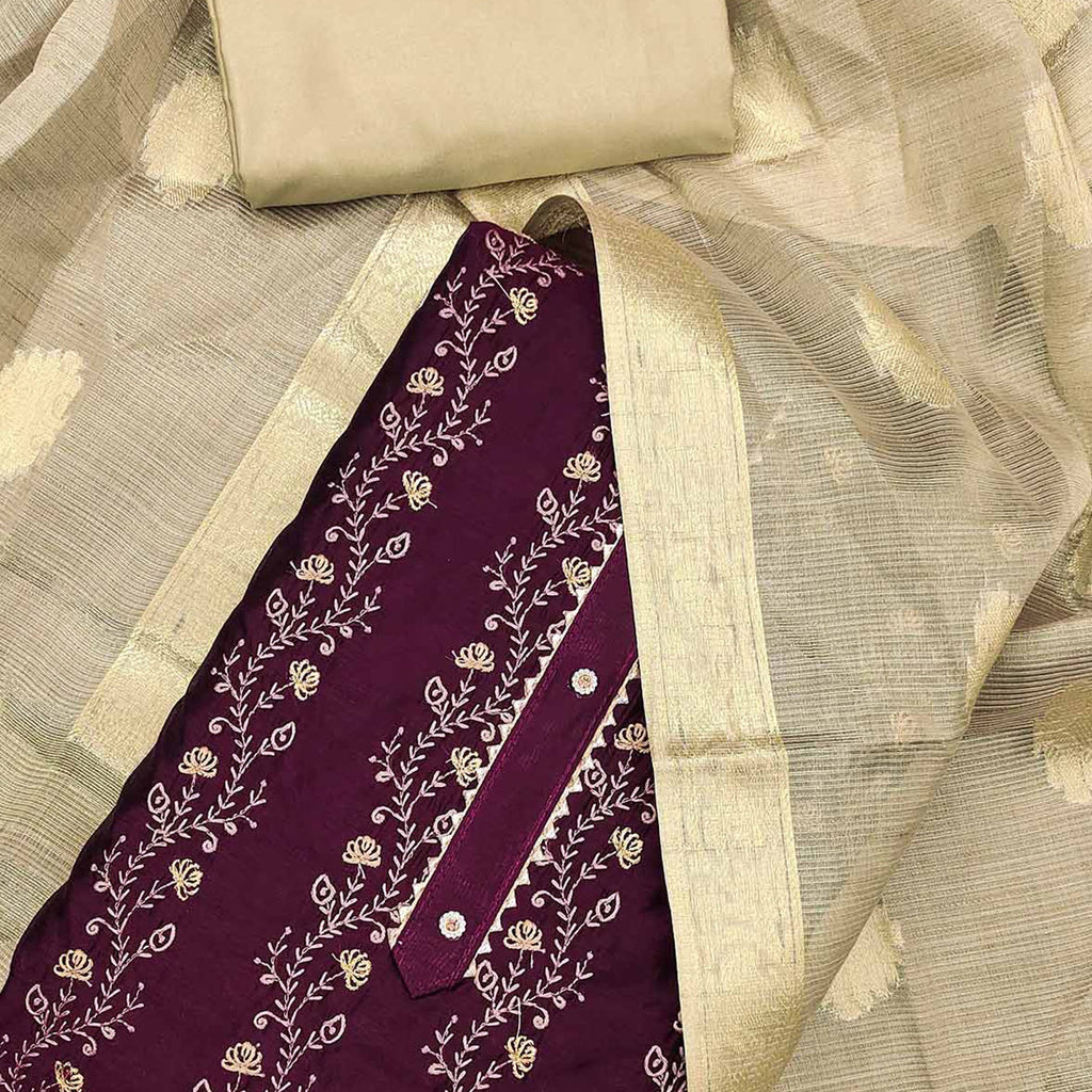 Wine Floral Embroidered Chanderi Dress Material