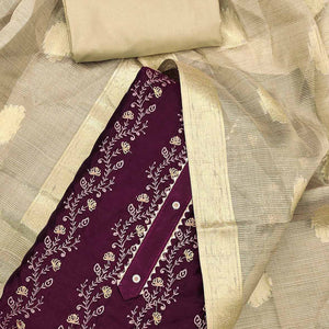 Wine Floral Embroidered Chanderi Dress Material