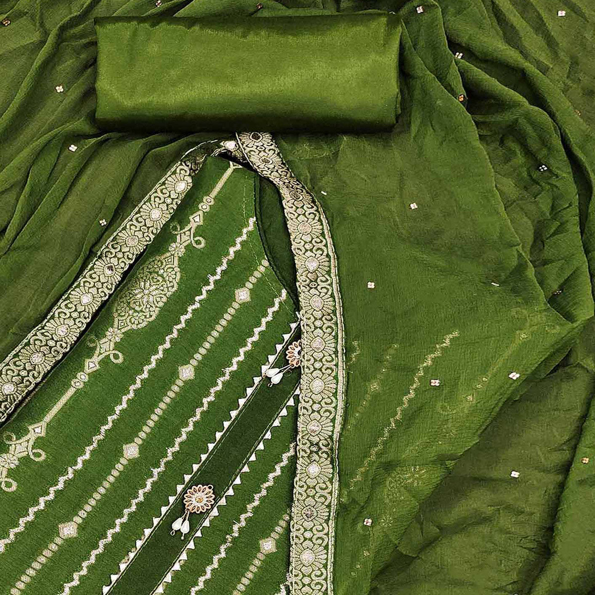 Green Woven Jacquard Dress Material