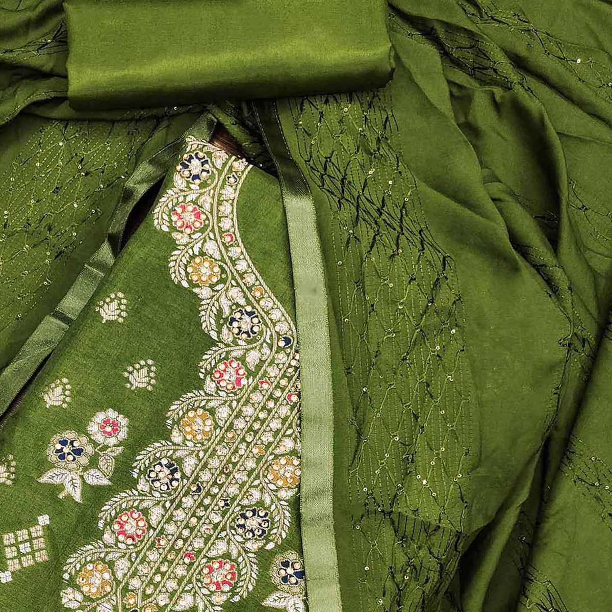 Green Woven Jacquard Dress Material