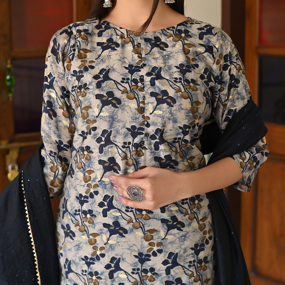 Blue Printed Chanderi Salwar Suit