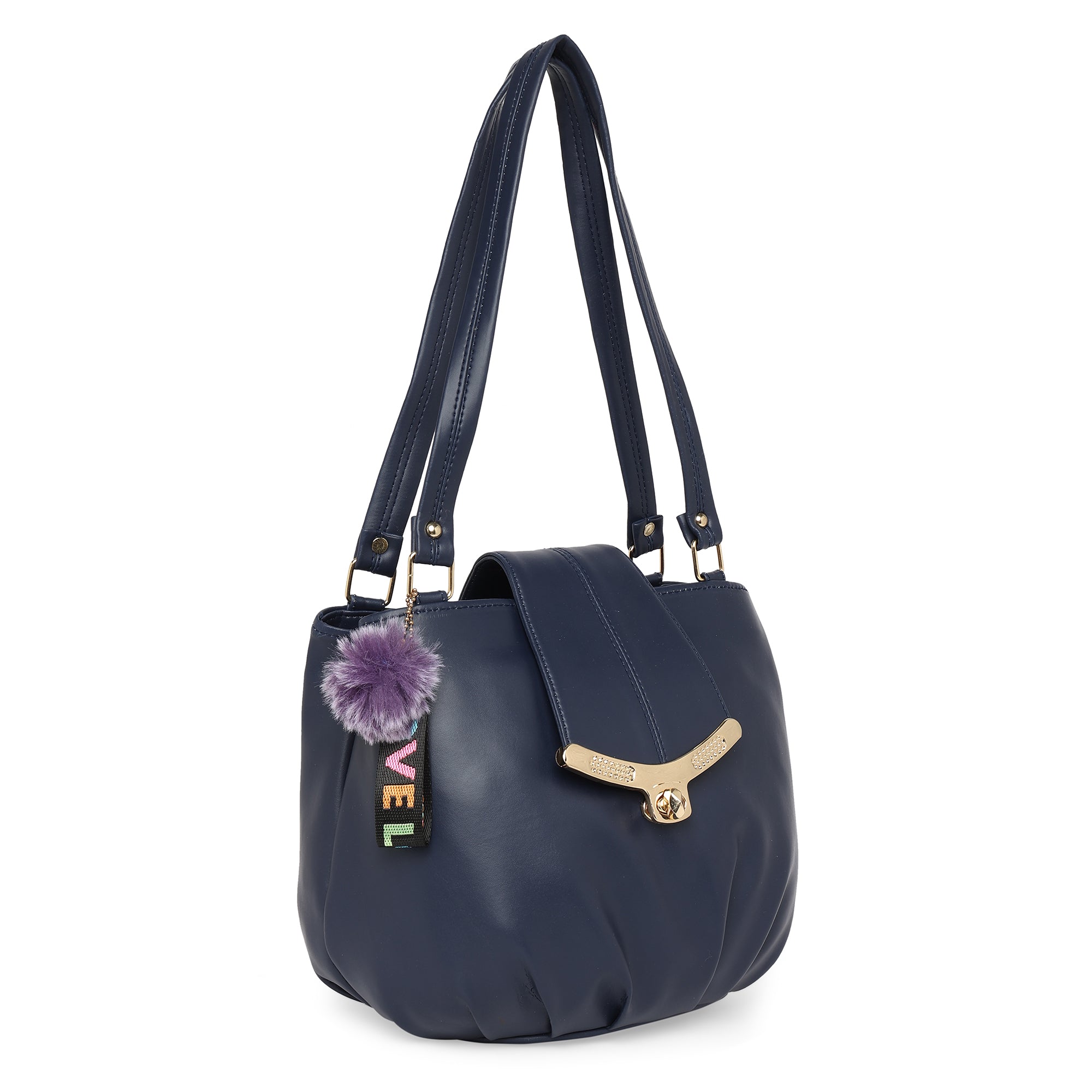 Navy Blue Women Vegan Leather Handbag With Belt