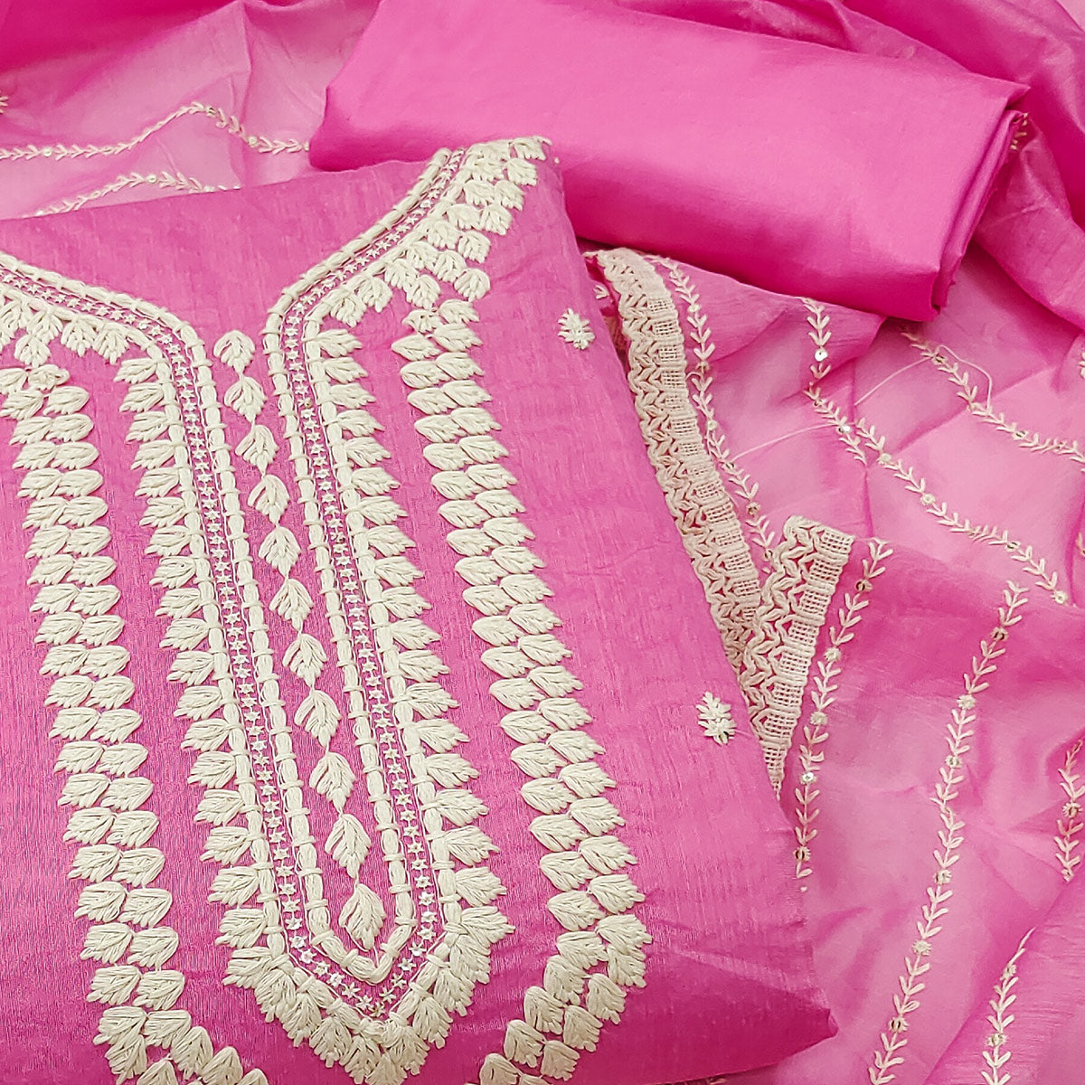 Pink Embroidered Chanderi Dress Material