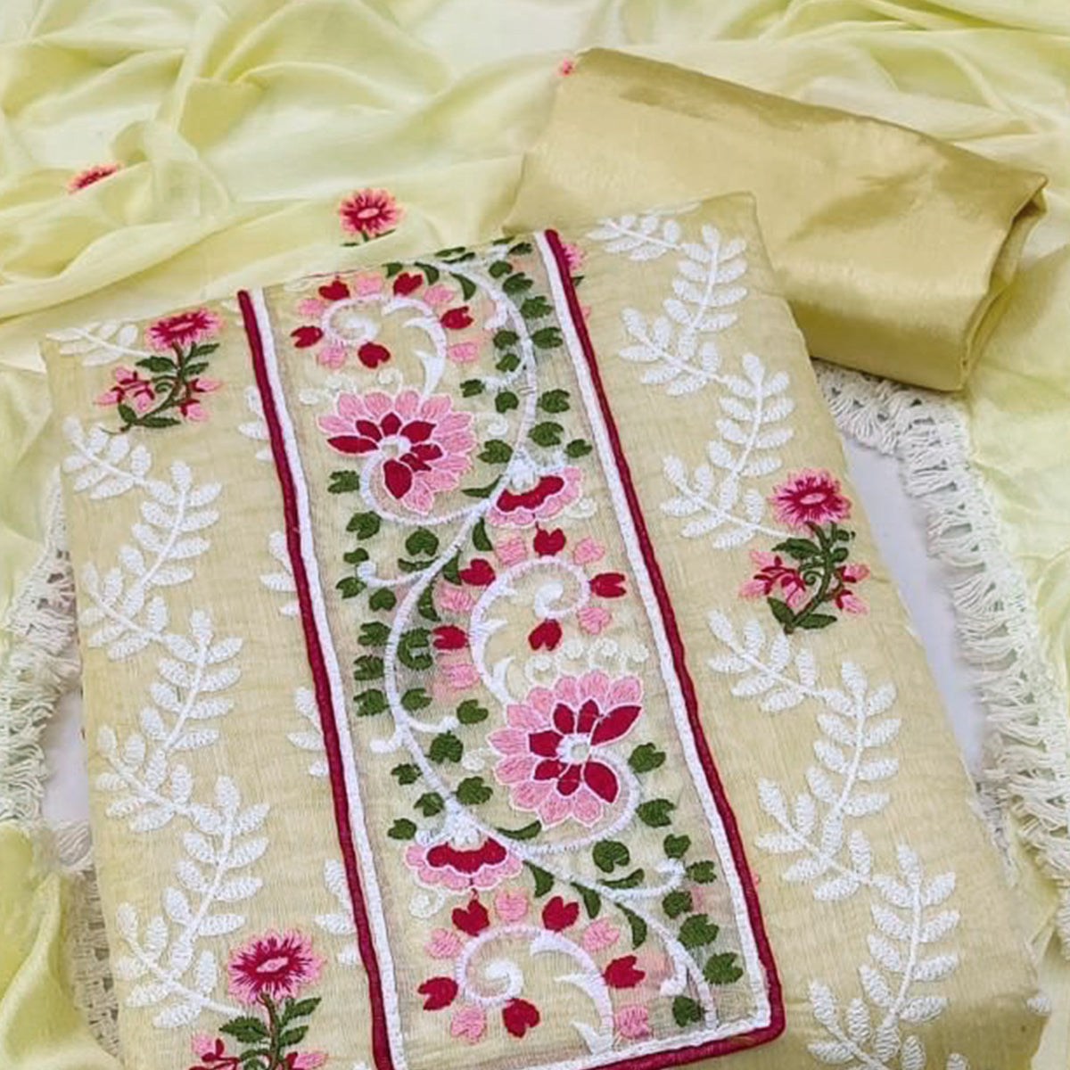 Yellow Floral Embroidered Chanderi Dress Material