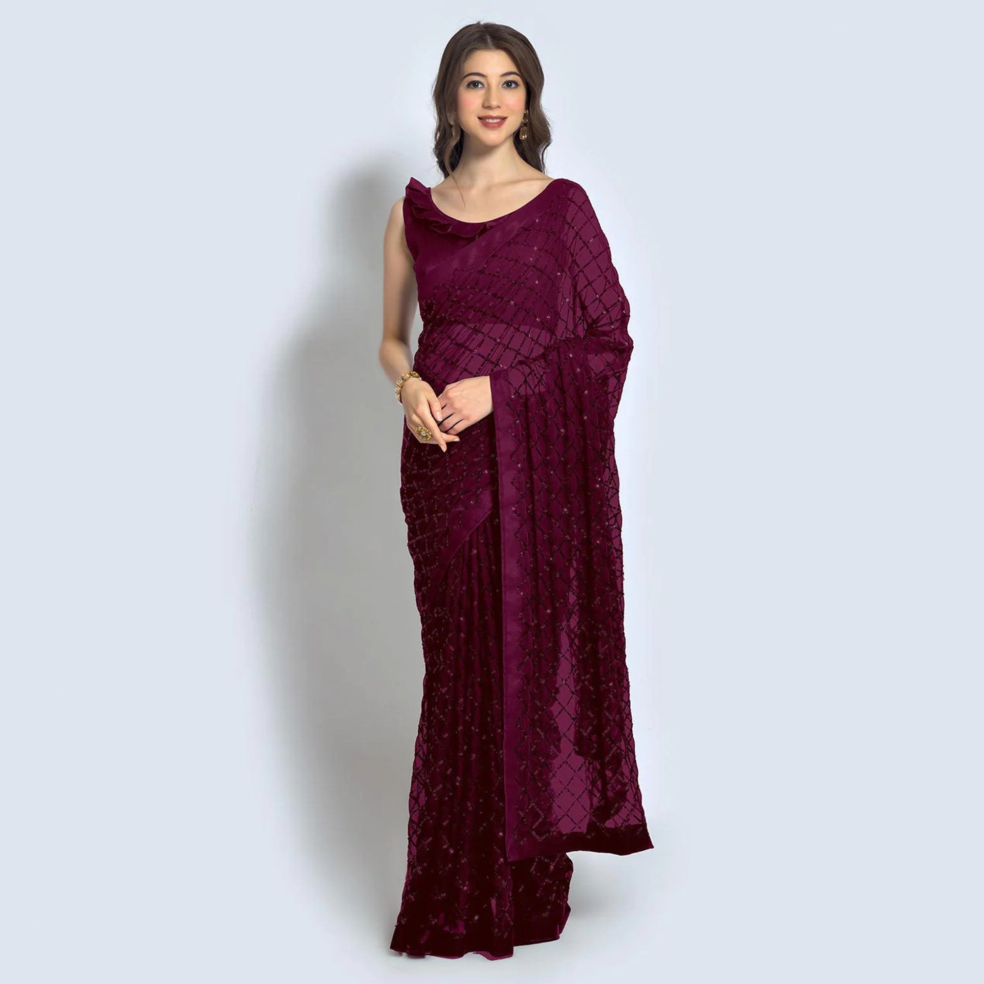 Wine Sequins Work Georgette Saree