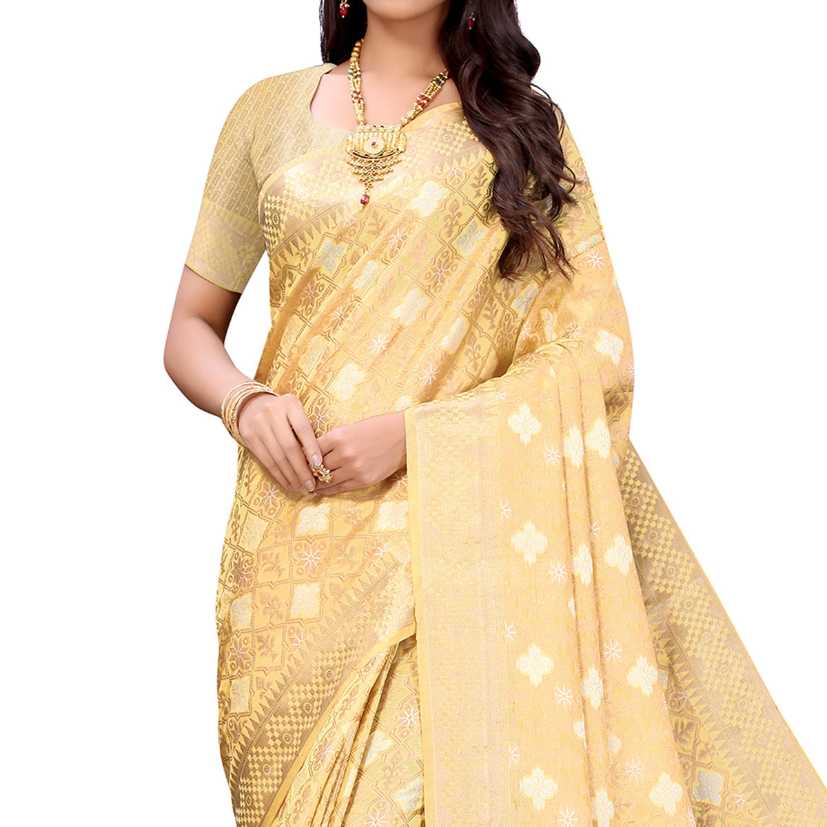 Cream Festive Wear Woven Silk Saree