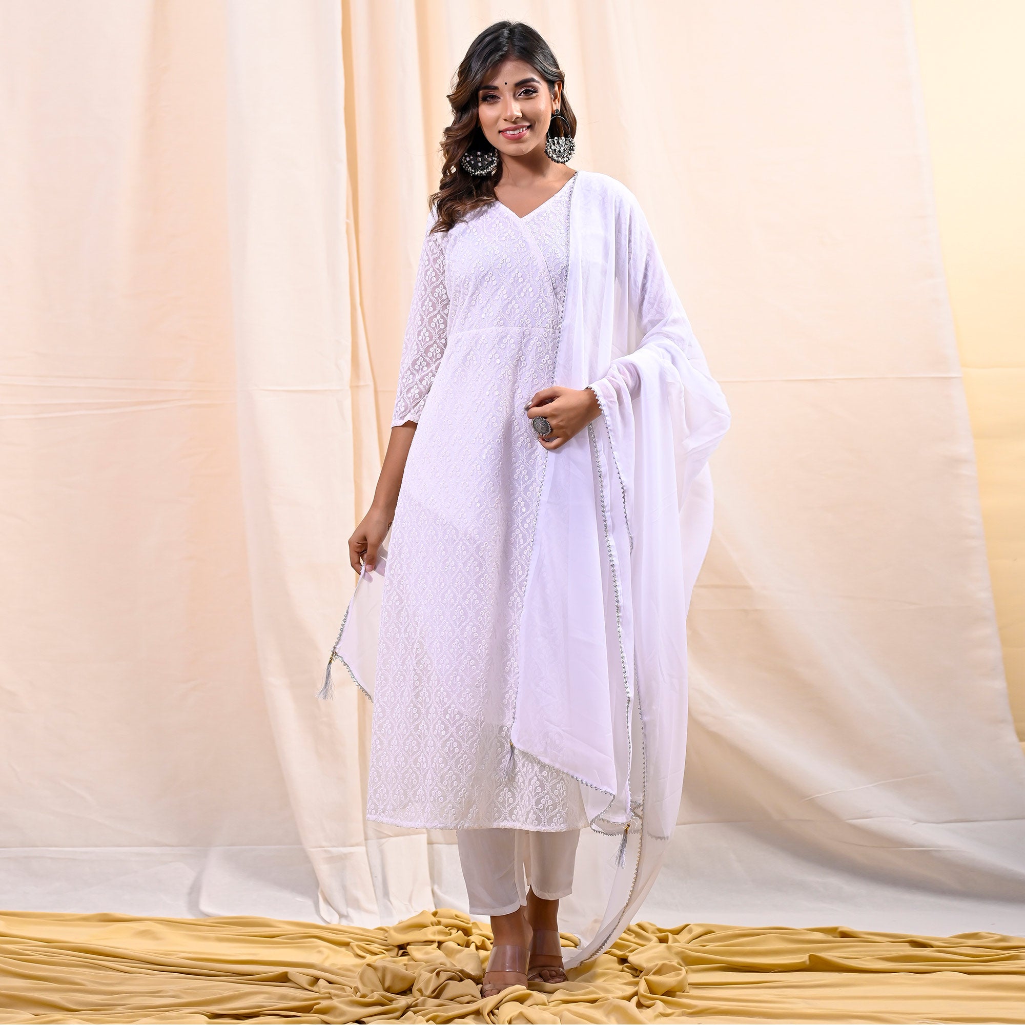 White Chikankari Work Georgette Anarkali Suit