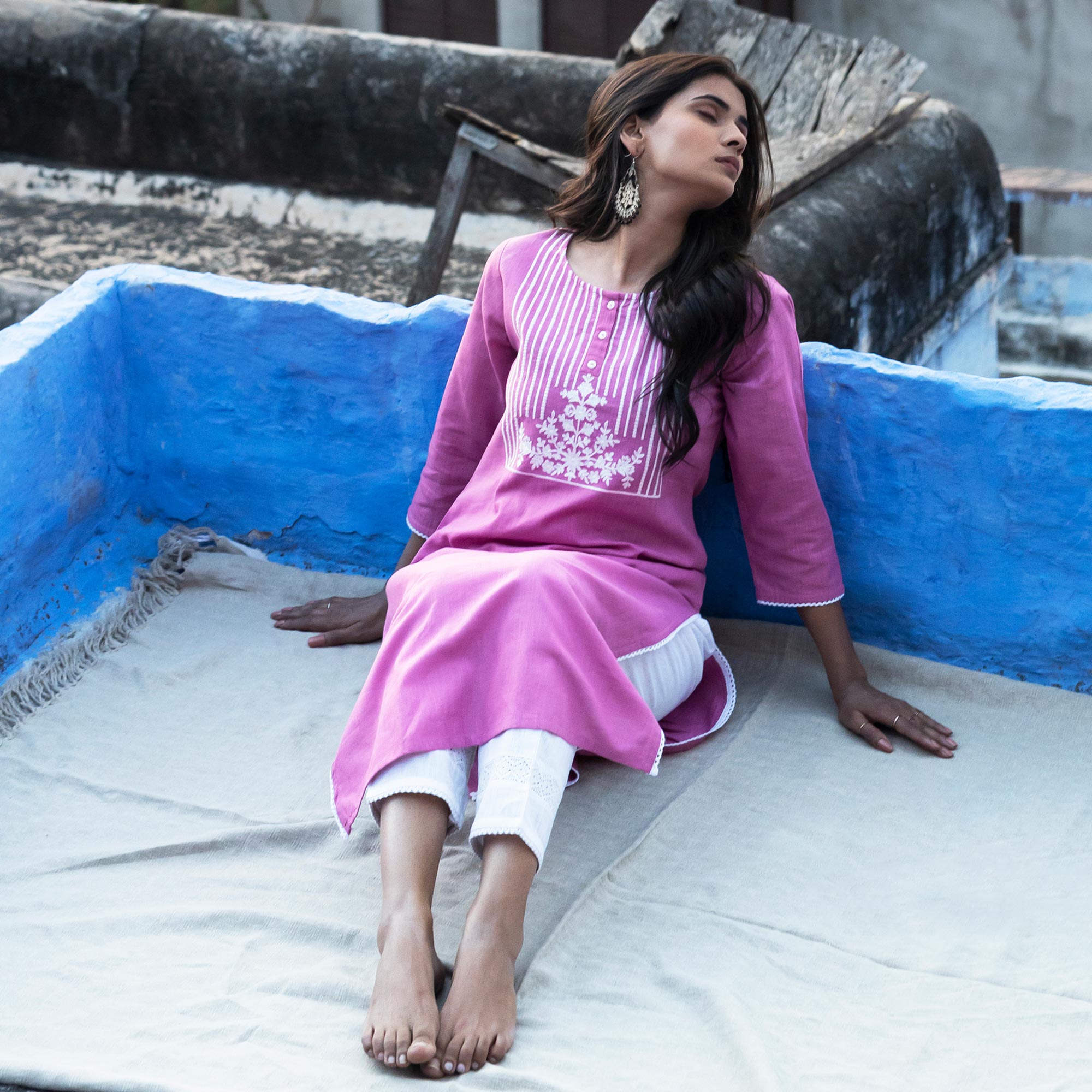 Pink Embroidered Pure Cotton Kurti