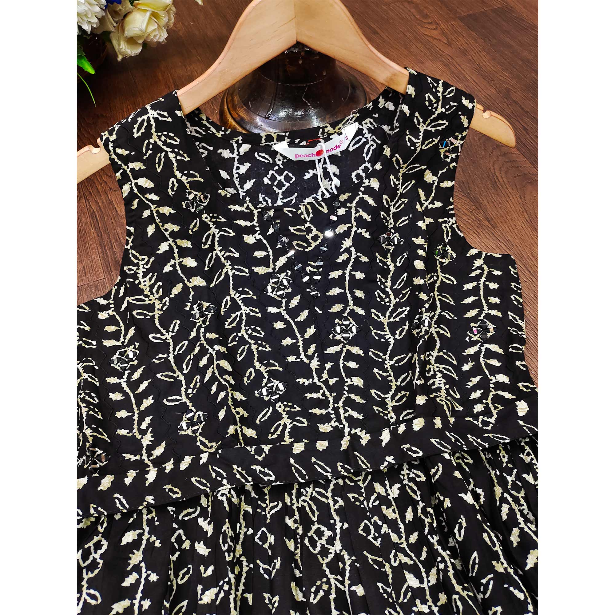 Black Floral Printed Rayon Gown