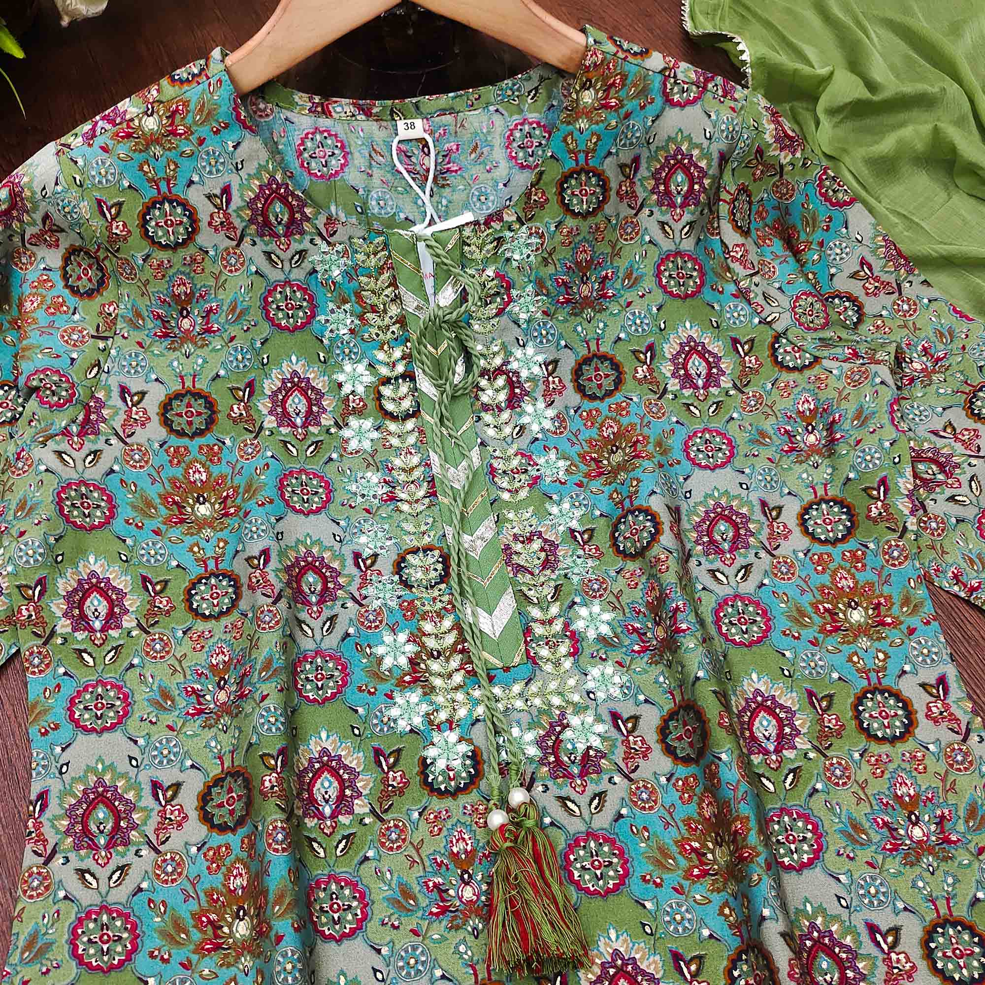 Green Foil Printed Muslin Salwar Suit