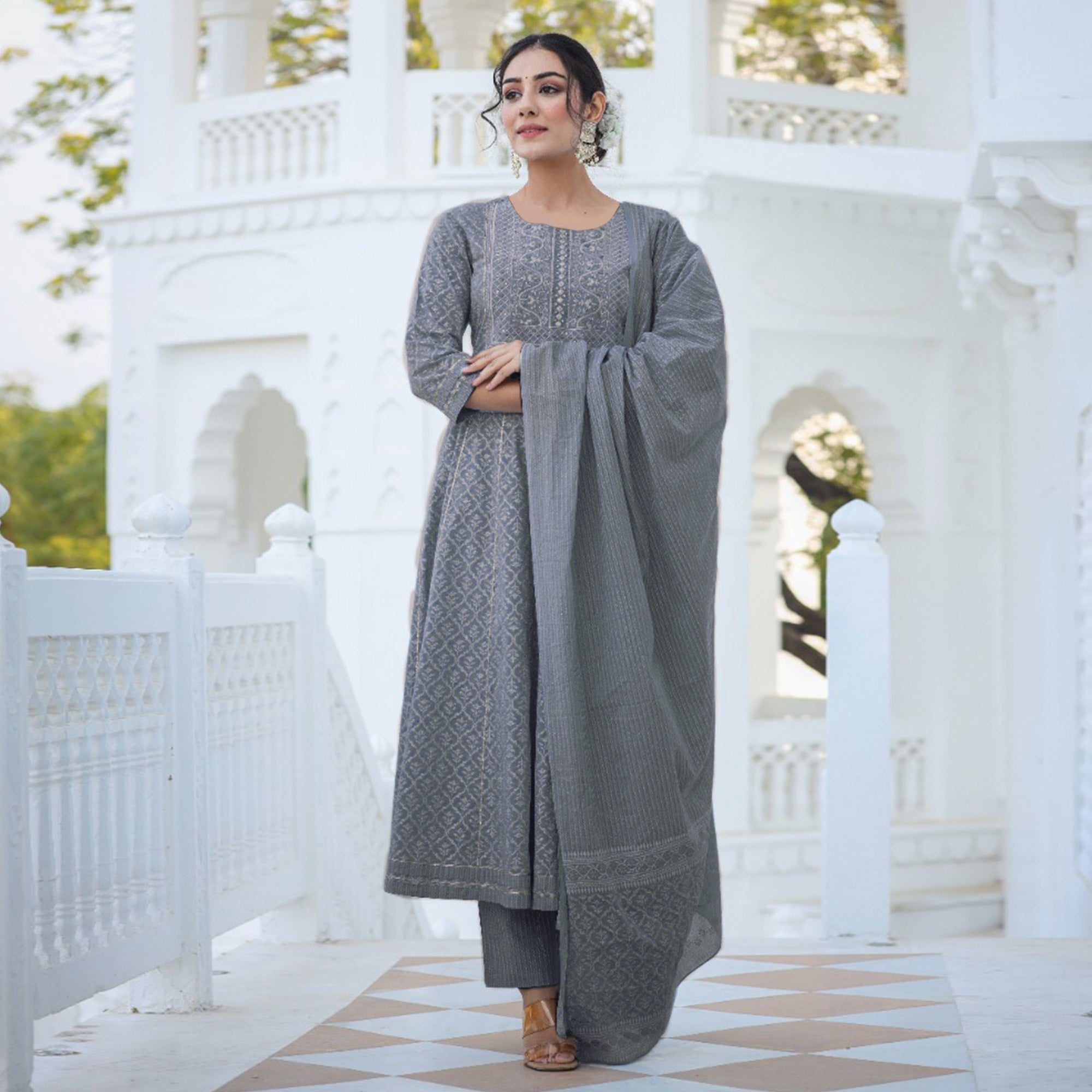 Grey Jaipuri Print With Gota Work Pure Cotton Anarkali Suit