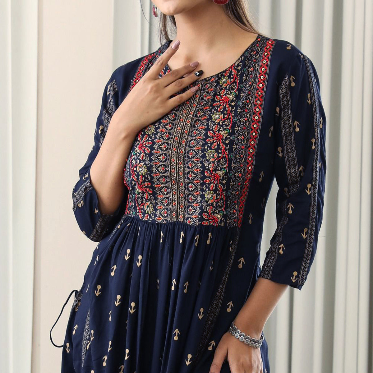 Blue Printed With Embroidered Rayon Naira Cut Kurti