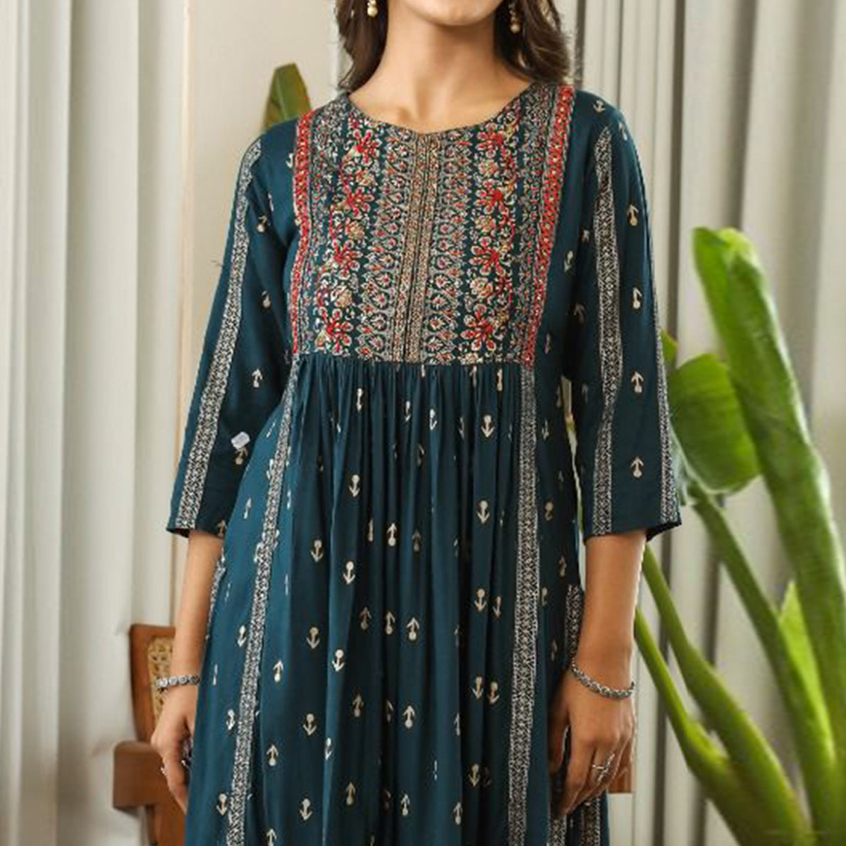 Rama Green Printed With Embroidered Rayon Naira Cut Kurti