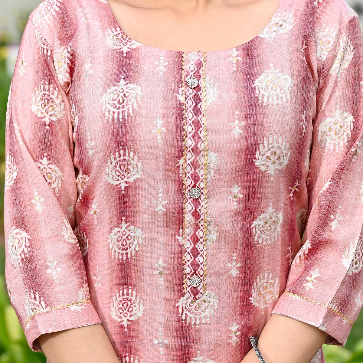 Peach Floral Foil Printed Rayon Suit