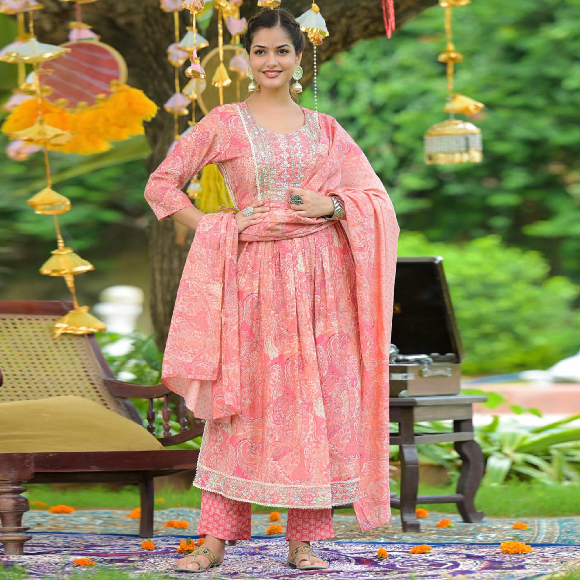 Pink Printed With Embellished Chanderi Anarkali Suit