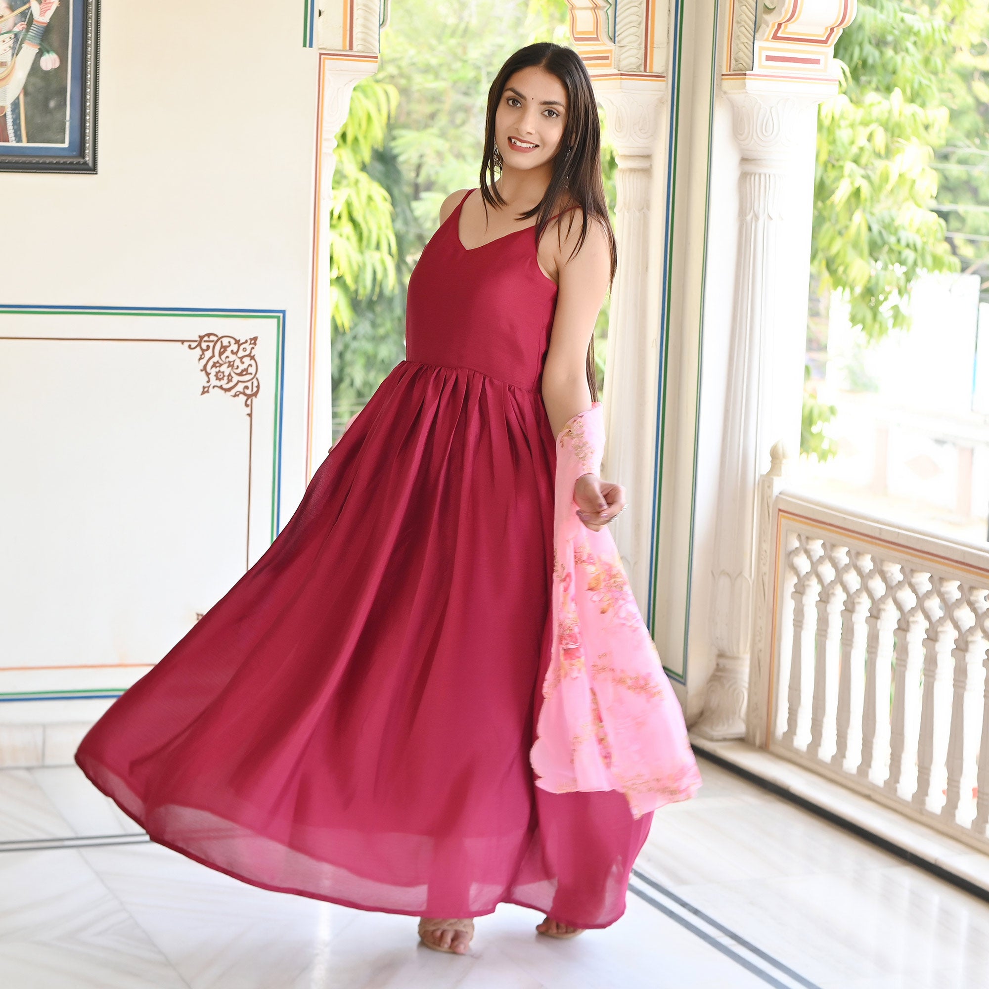 Pink Solid Chiffon Gown With Dupatta