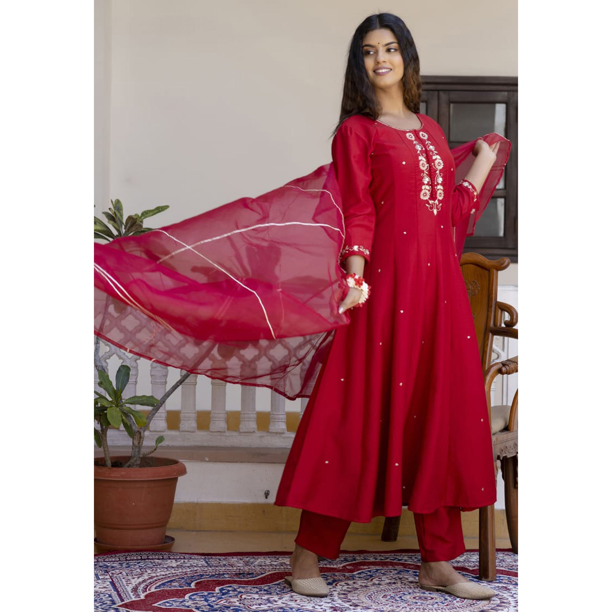 Red Embroidered Muslin Anarkali Suit