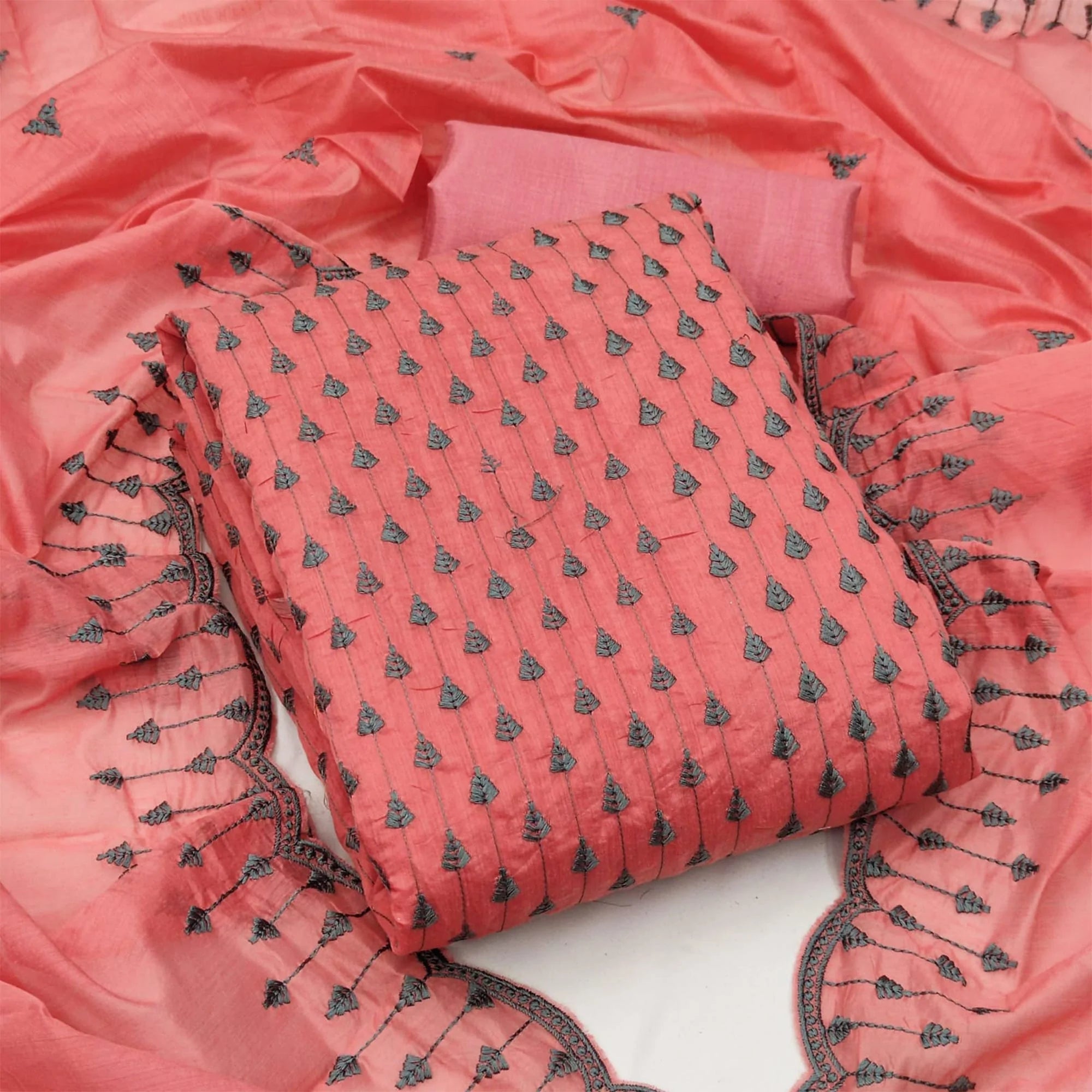 Grey And Gajari Pink Dress Material Pack Of 2 - Peachmode