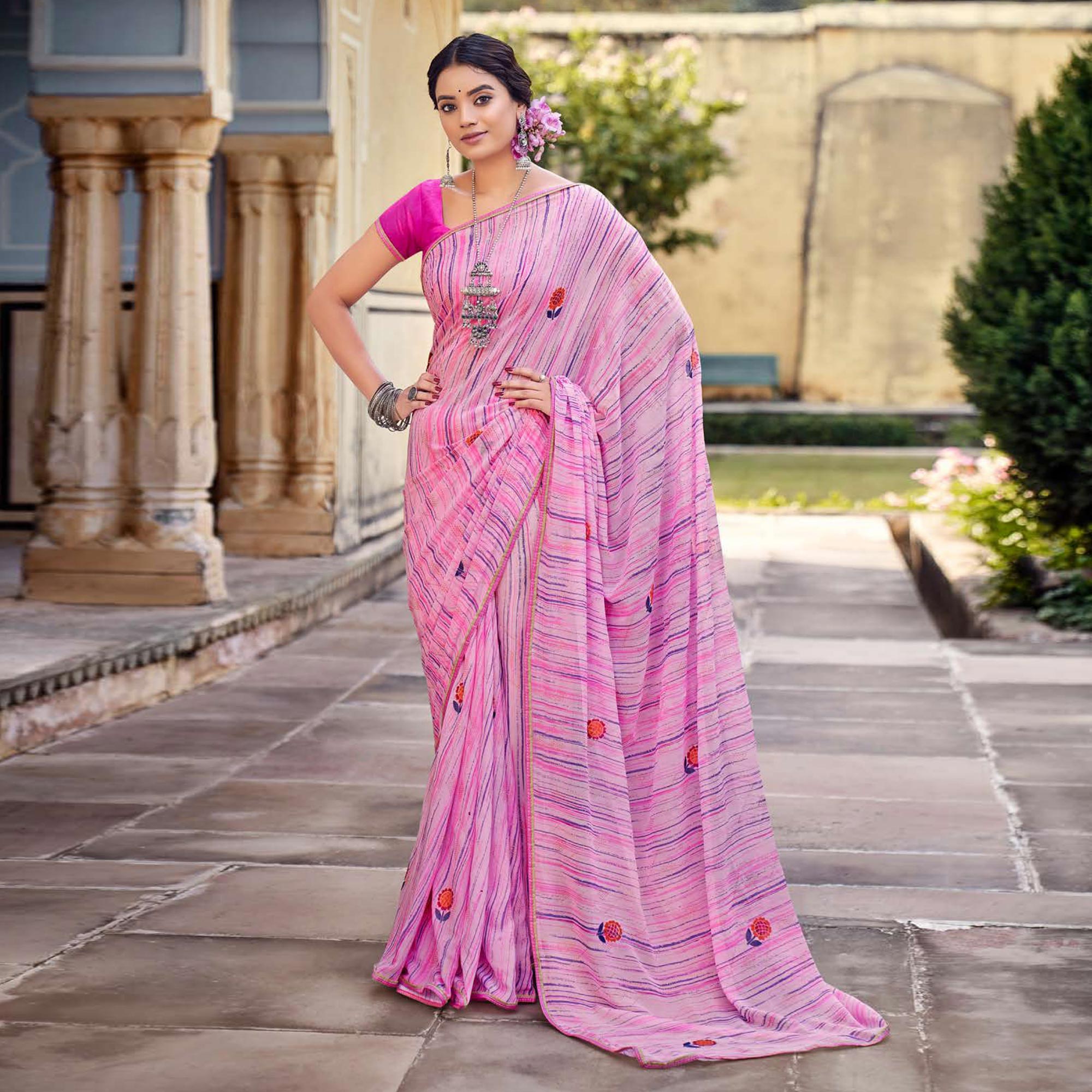 Pink Printed Raw Silk Saree With Fancy Border