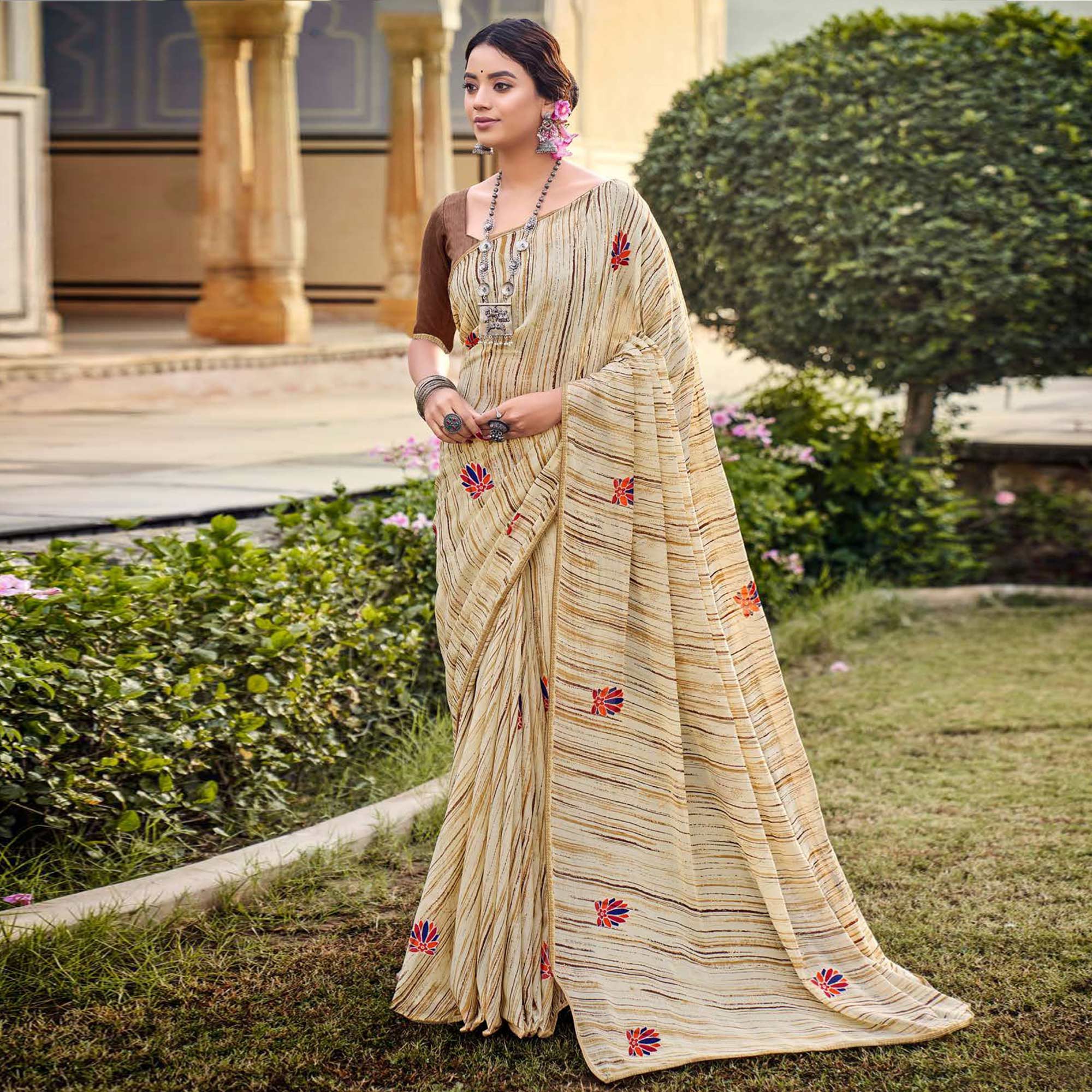 Coffee-Brown Printed Raw Silk Saree With Fancy Border