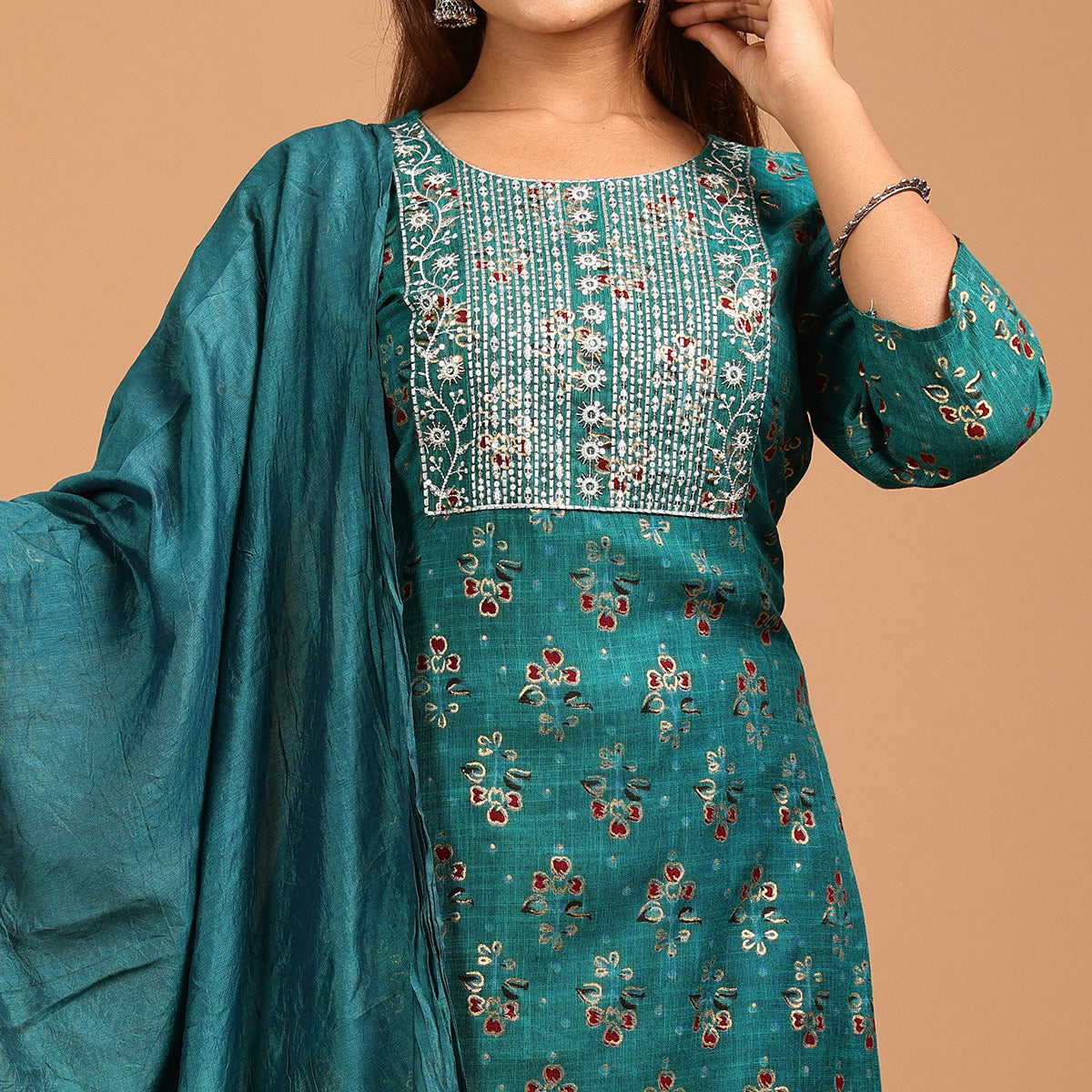 Morpich Printed With Embroidered Rayon Salwar Suit