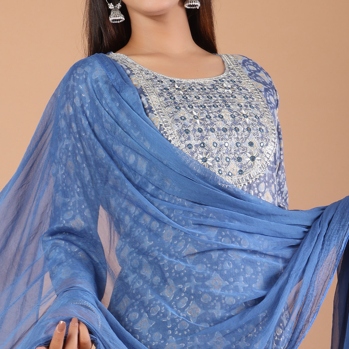 Blue Printed With Embroidered Rayon Salwar Suit