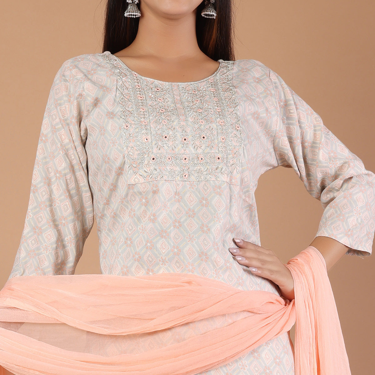 Peach Printed With Embroidered Rayon Salwar Suit