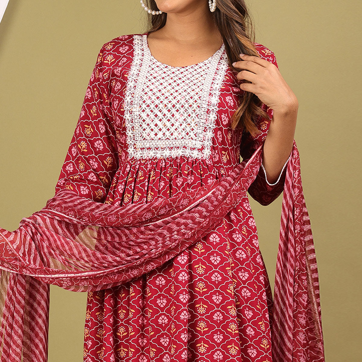 Maroon Printed With Embroidered Rayon Naira Cut Suit