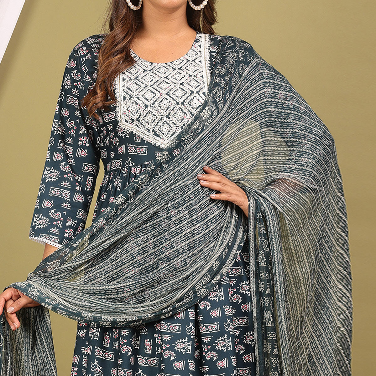 Blue Printed With Embroidered Rayon Naira Cut Suit