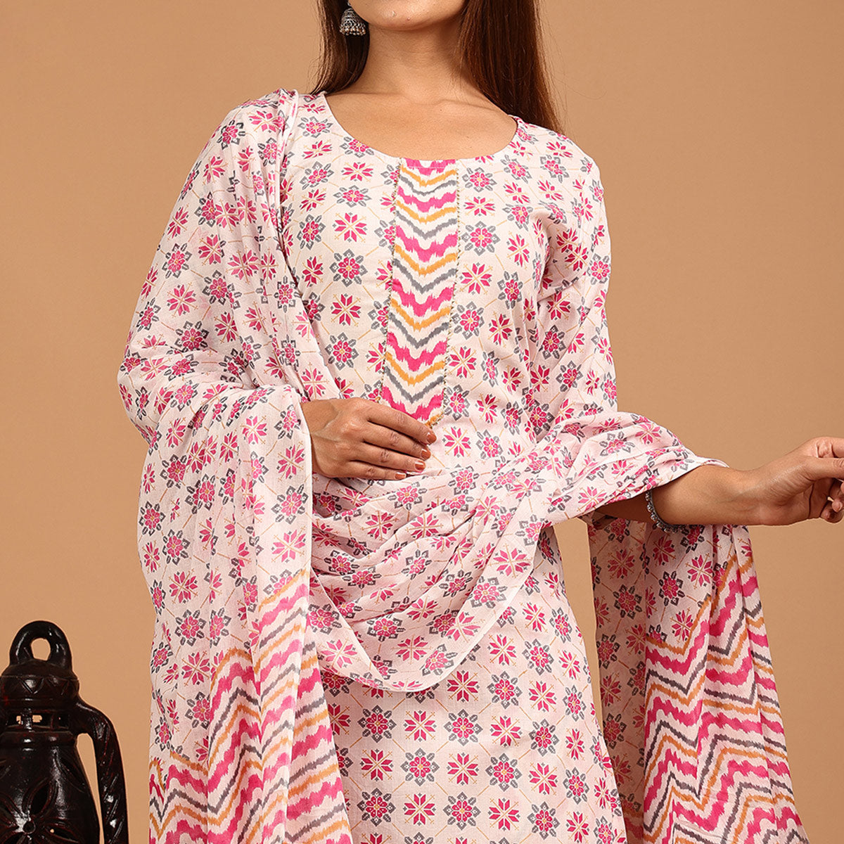 White & Pink Printed Pure Cotton Salwar Suit